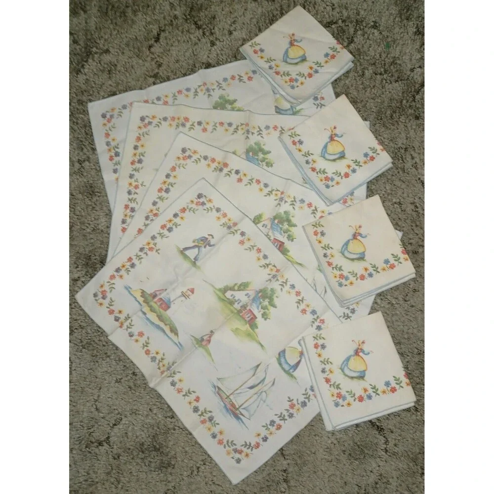 Vintage Cotton Lighthouse Sailboat House 4 Placemats and 4 Napkins Dutch Style